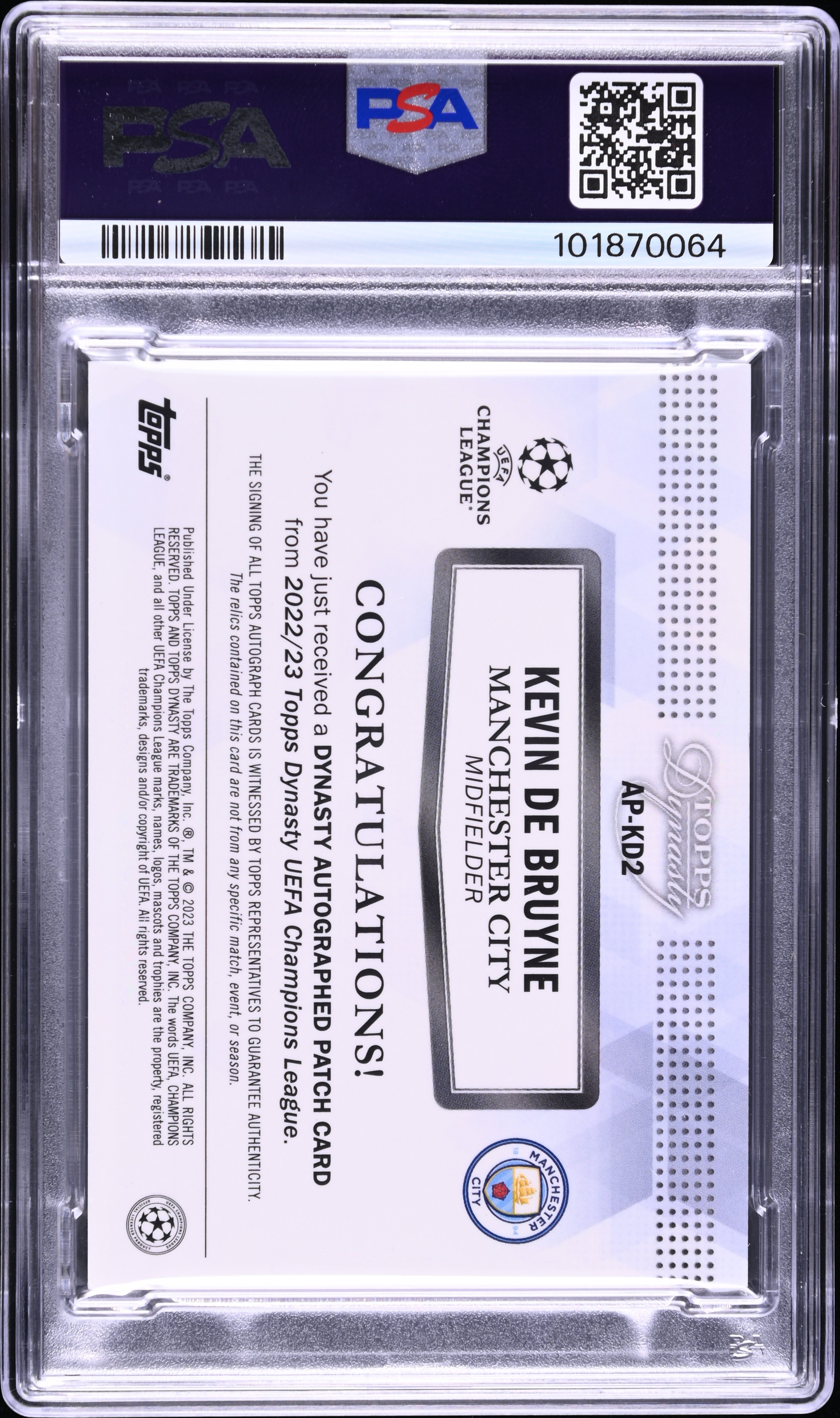 2022 Topps Dynasty UCL Gold Club Patch 1/1 Kevin De Bruyne back