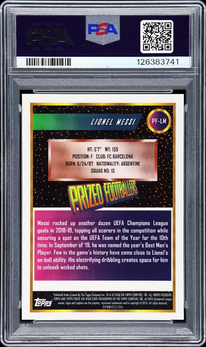 2019 Finest UCL Lionel Messi Prized Footballer Superfractor 1/1 PSA 9 back