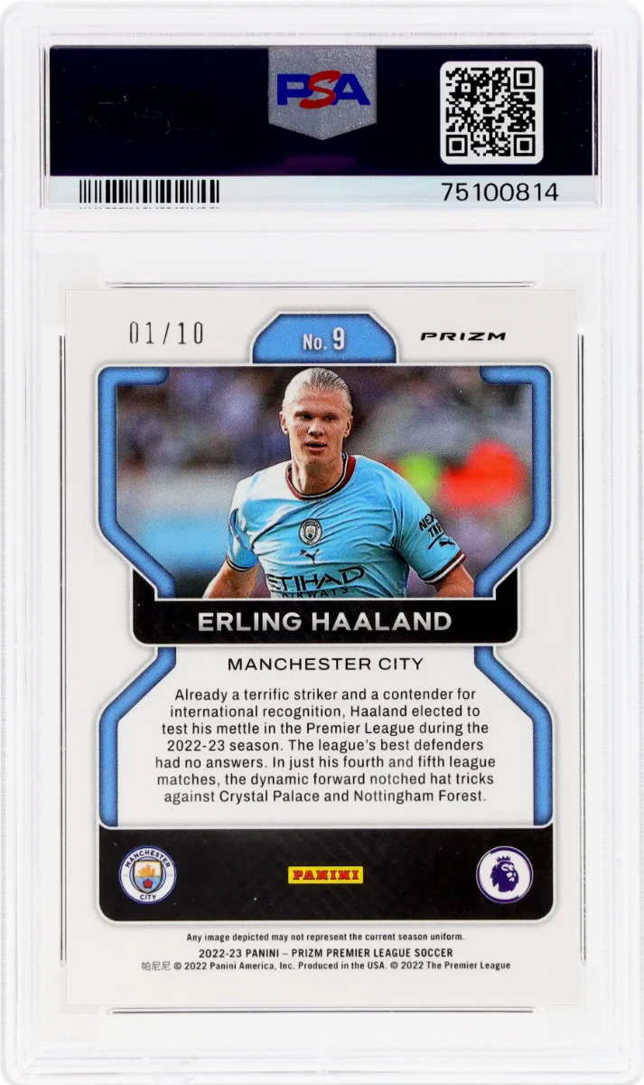2022 Panini Prizm EPL Gold Prizm | Mancity Treble Year | Erling Haaland #9 back