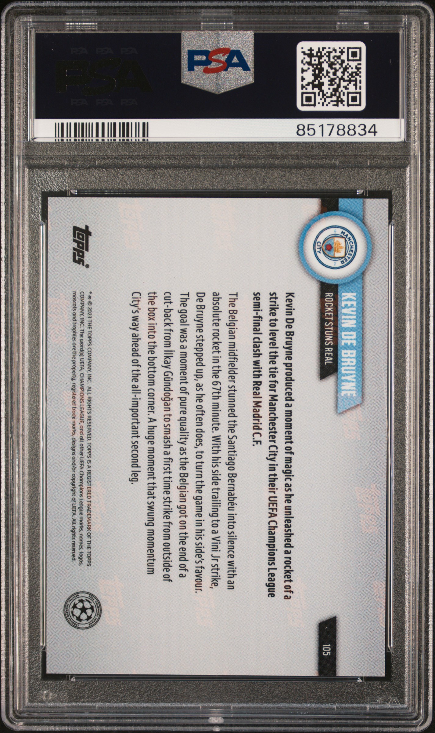 2022 Topps Now UCL Kevin De Bruyne Gold 1/1 PSA 10 back