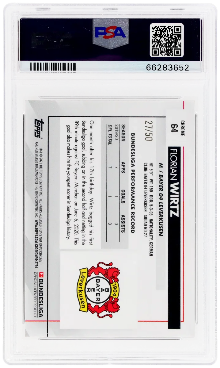 2020 Florian Wirtzh Topps Chrome Bundesliga Rookie Card Gold Refractor PSA 9  back