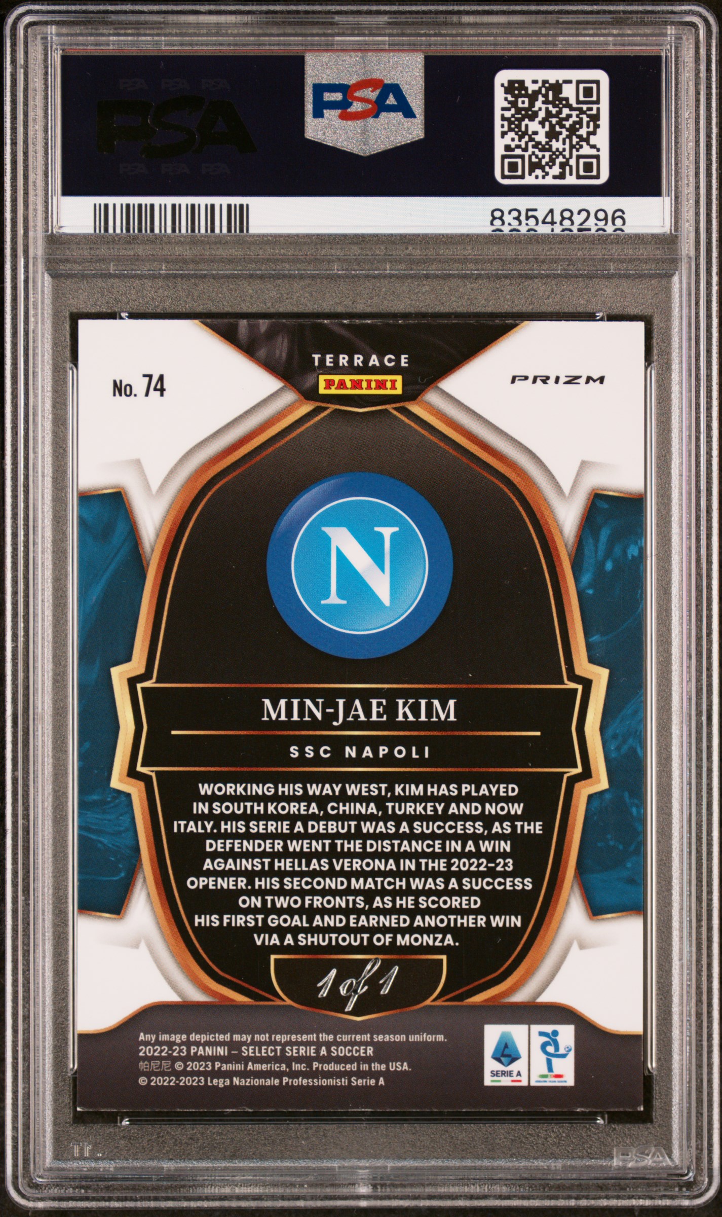 2022 Serie A Min Jae Kim Black Prizm 1/1 PSA 6 back