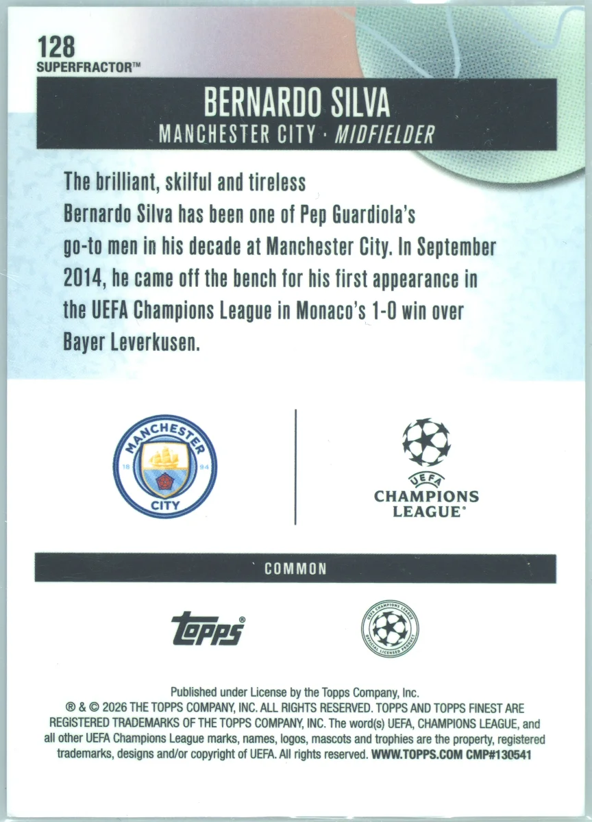 2025 Topps Finest Bernardo Silva 1/1 Superfractor — back