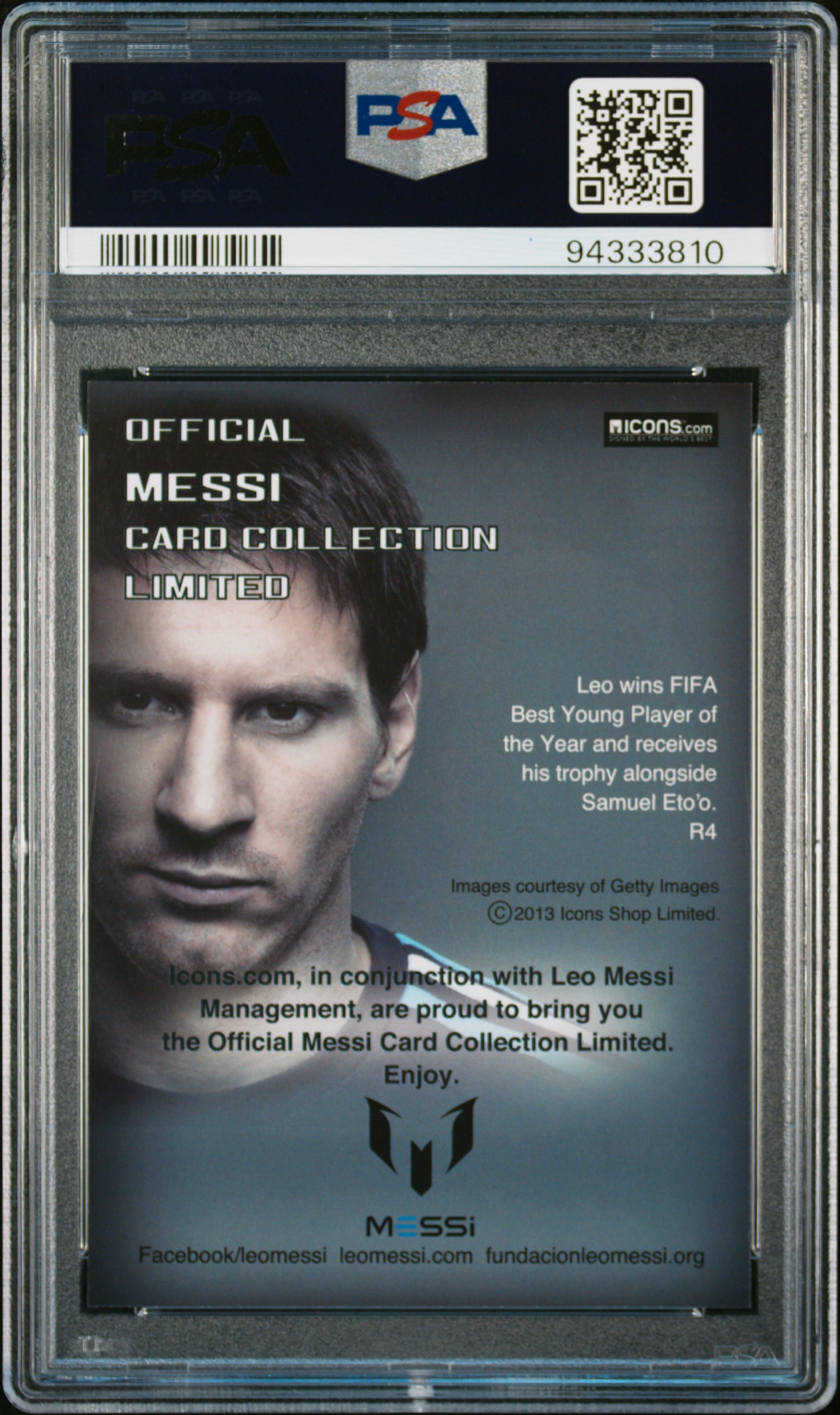 2013 Icons Lionel Messi (Limited Edition) PSA 10 Best Young Player back