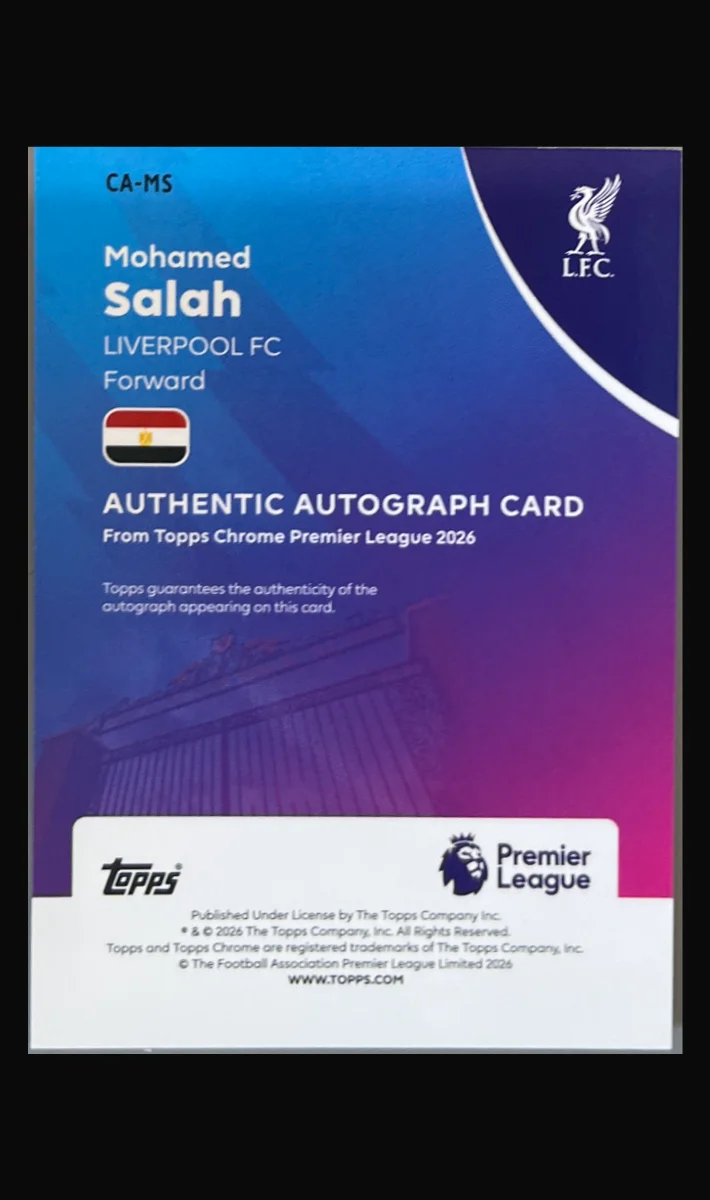 2026 EPL Topps Chrome Salah Gold 1st On Card Auto Jersey Number back