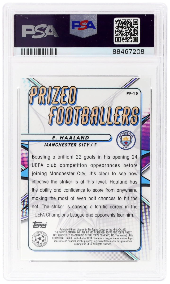 2022-23 TOPPS FINEST UEFA CLUB COMPETITIONS PRIZED FOOTBALLERS #PF15 ERLING HAALAND PRIZED FOOTBALLERS-SUPER 1/1 — back