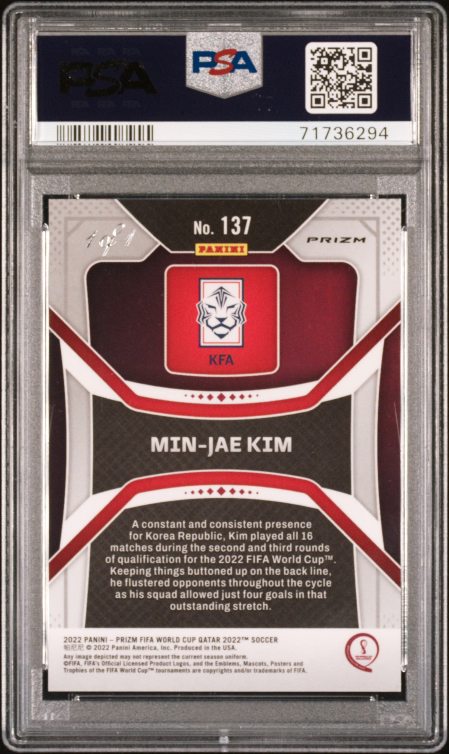 2022 World Cup Min Jae Kim Rookie Card Black Prizm 1/1 PSA 9 back