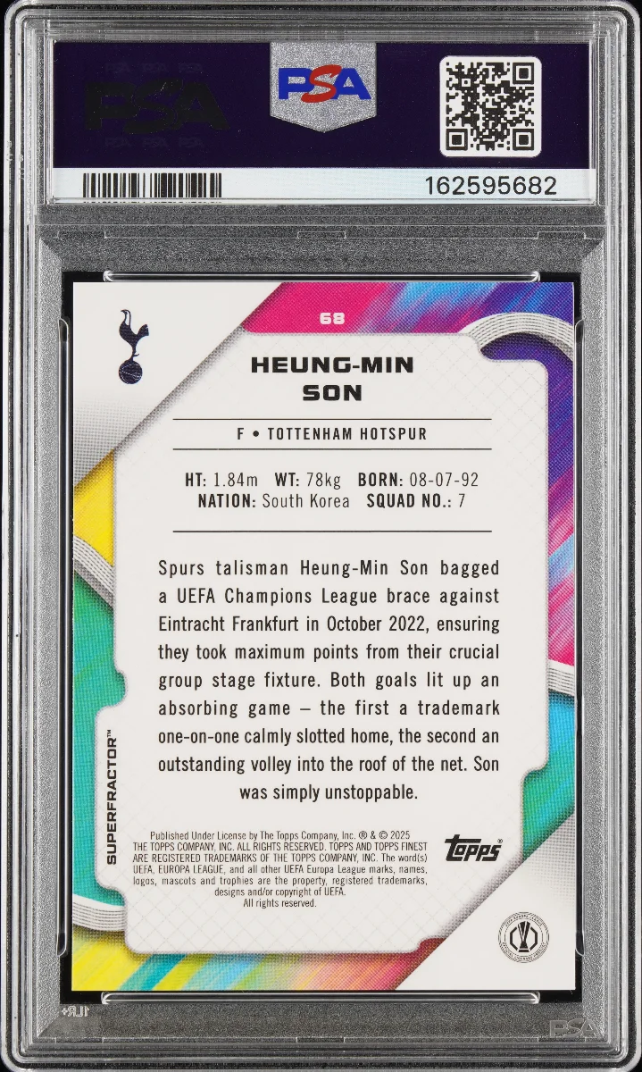 2024-25 TOPPS FINEST UEFA CLUB COMPETITIONS #68 HEUNG-MIN SON SUPERFRACTOR 1/1 — back