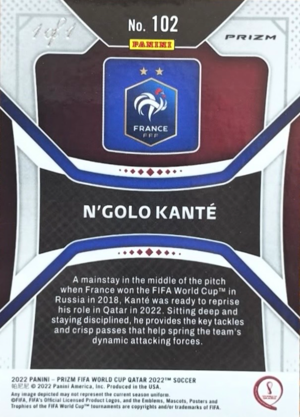 2022 Panini Prizm W/C Qatar N’golo Kanté Black 1/1 — back