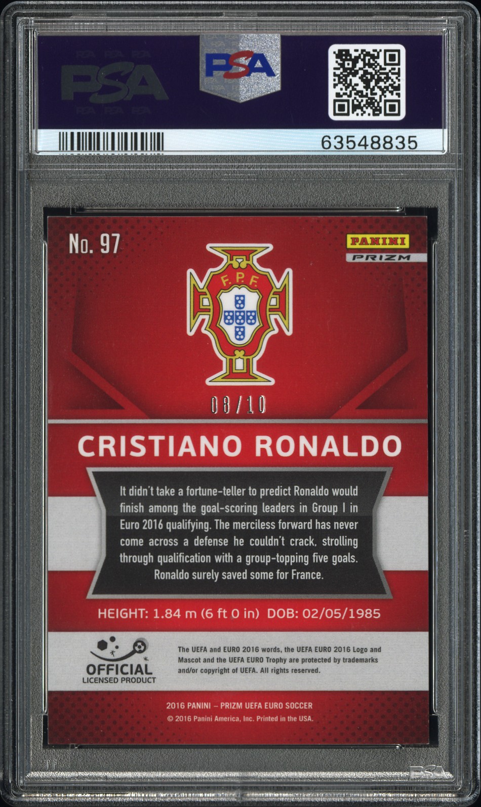 Cristano Ronaldo 2016 Euro Prizm Gold back