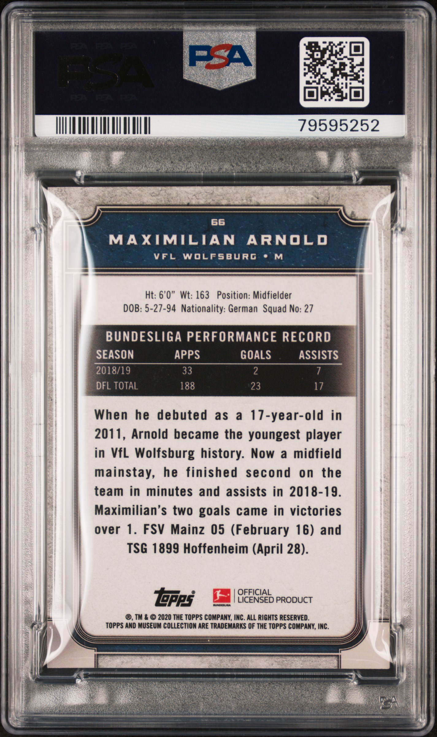 2019 TOPPS MUSEUM COLL. MAXIMILIAN ARNOLD BUNDESLIGA-EMERALD 1/1 PSA 8 — back