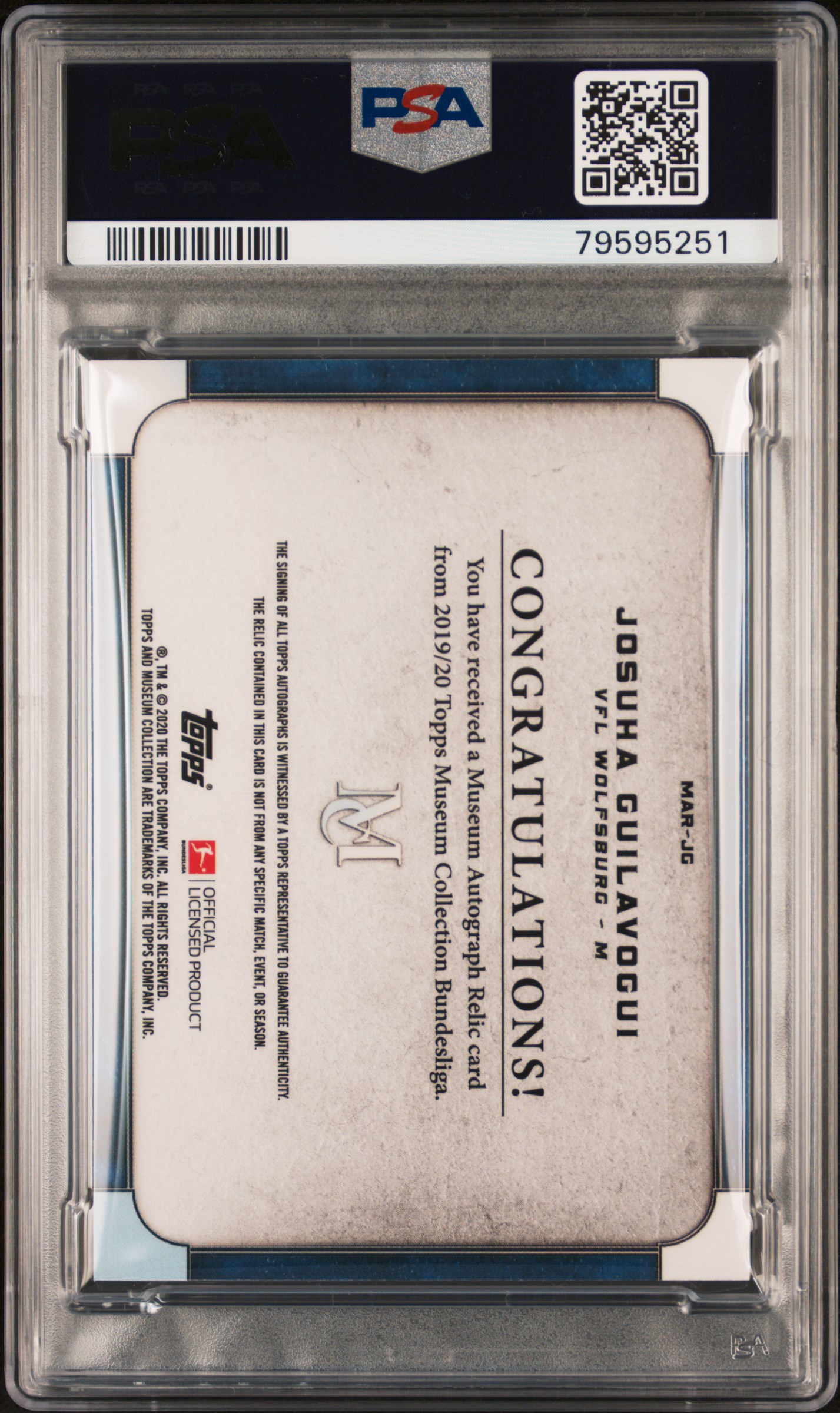 2019 TOPPS MUSEUM COLL. JOSUHA GUILA VOGUI BUND-MSM.AU.RLC-EMRLD. 1/1 PSA 6 — back