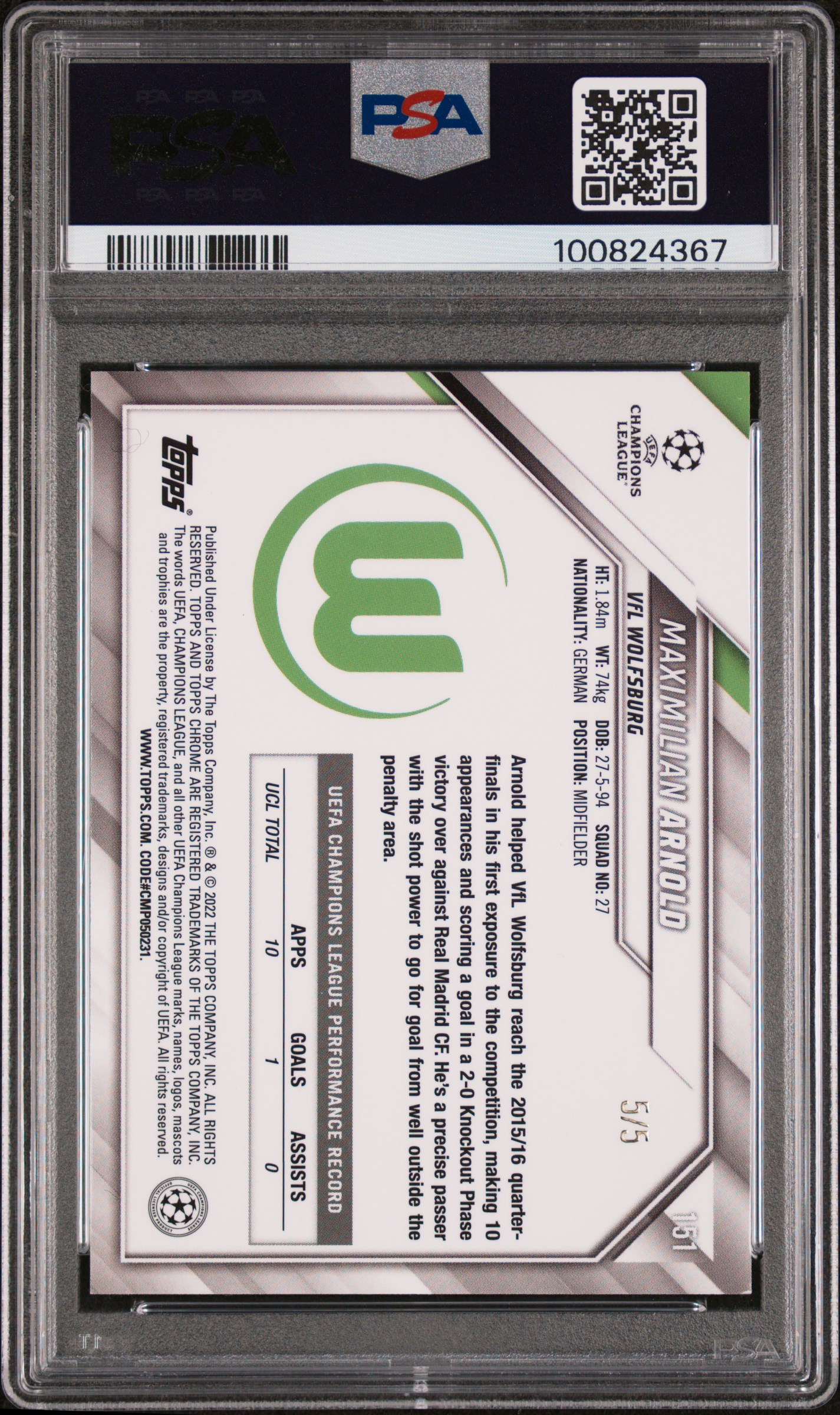 2021-22 TOPPS CHROME UCL MAXIMILIAN ARNOLD RED WAVE REFRACTOR PSA 9 5/5 — back