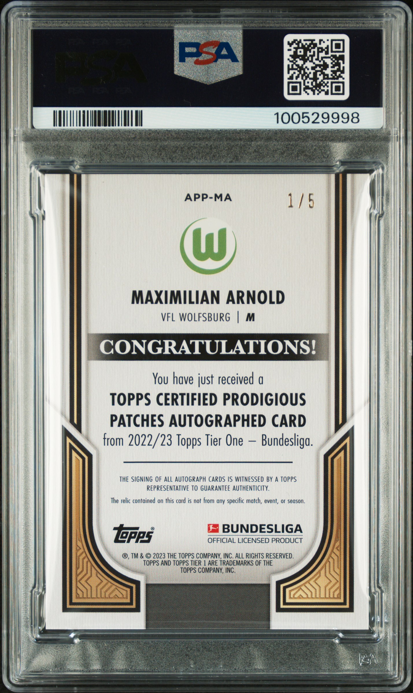 2022-23 TIER ONE BUNDESLIGA MAXIMILIAN ARNOLD AUTO PRODIGIOUS PATCH PSA 10/10 1/5 — back