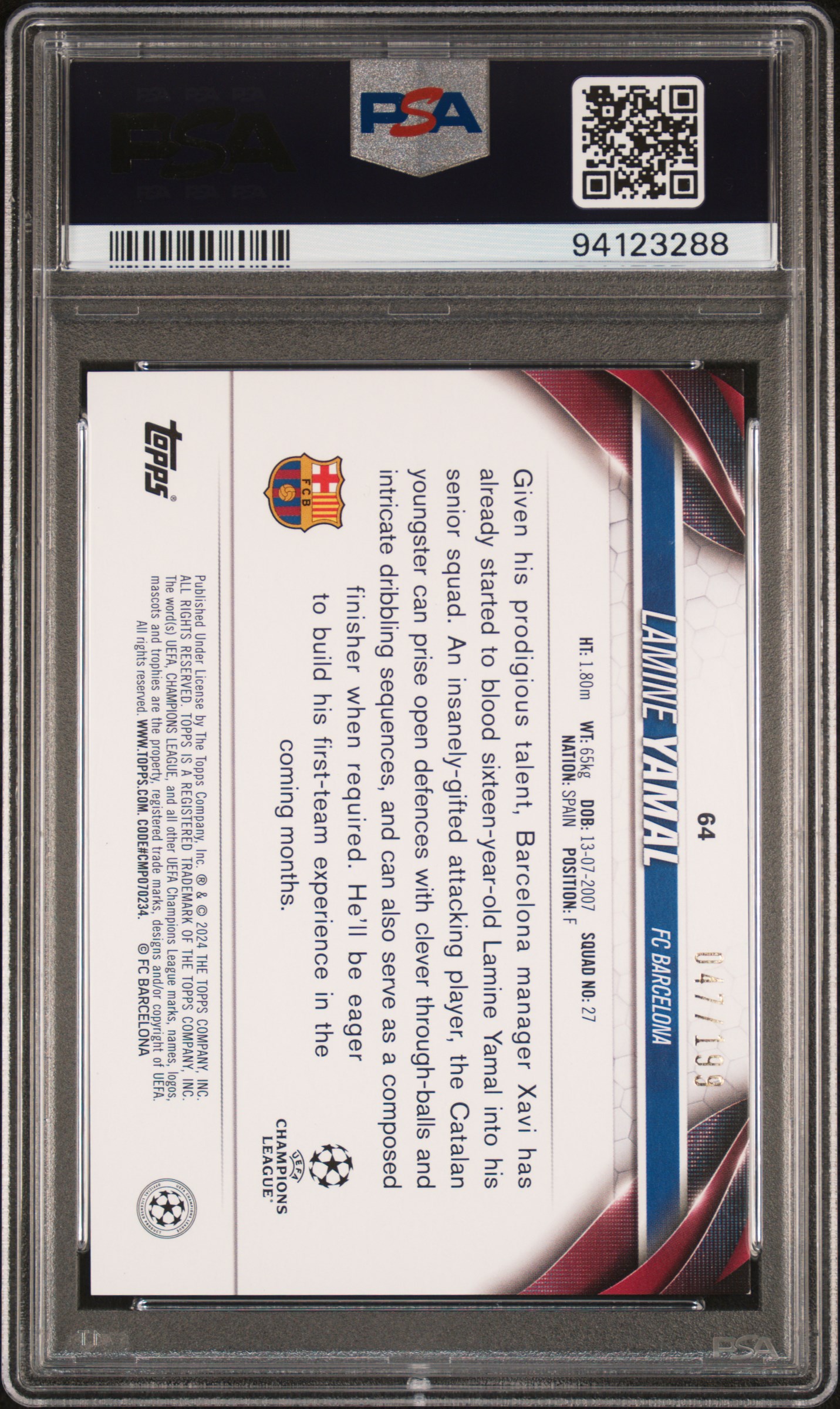 2023-24 TOPPS UEFA CC LAMINE YAMAL NEON GREEN #64 PSA 9 047/199 — back