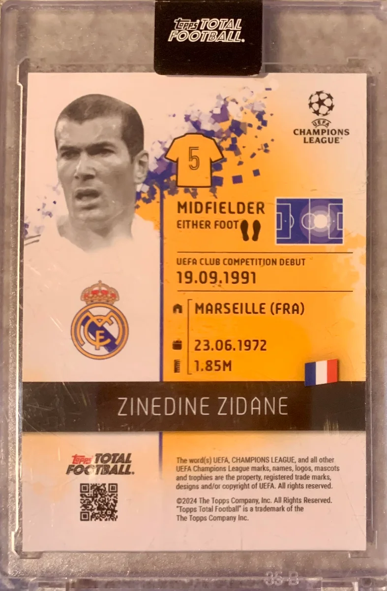 Zinedine Zidane Topps Total Football 2024-25 - Total Performers 1/1 — back