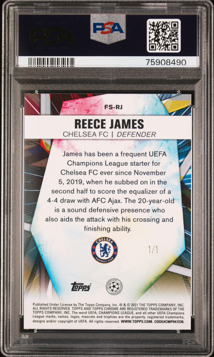 Reece James 2020-21 Topps Chrome UCL Sapphire Edition Future Stars Padparadscha 1/1 — back