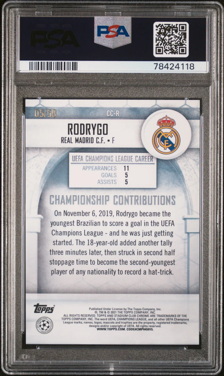2020 Topps Stadium Club Chrome UCL Rodrygo Champions Contributions Gold Refractor  back