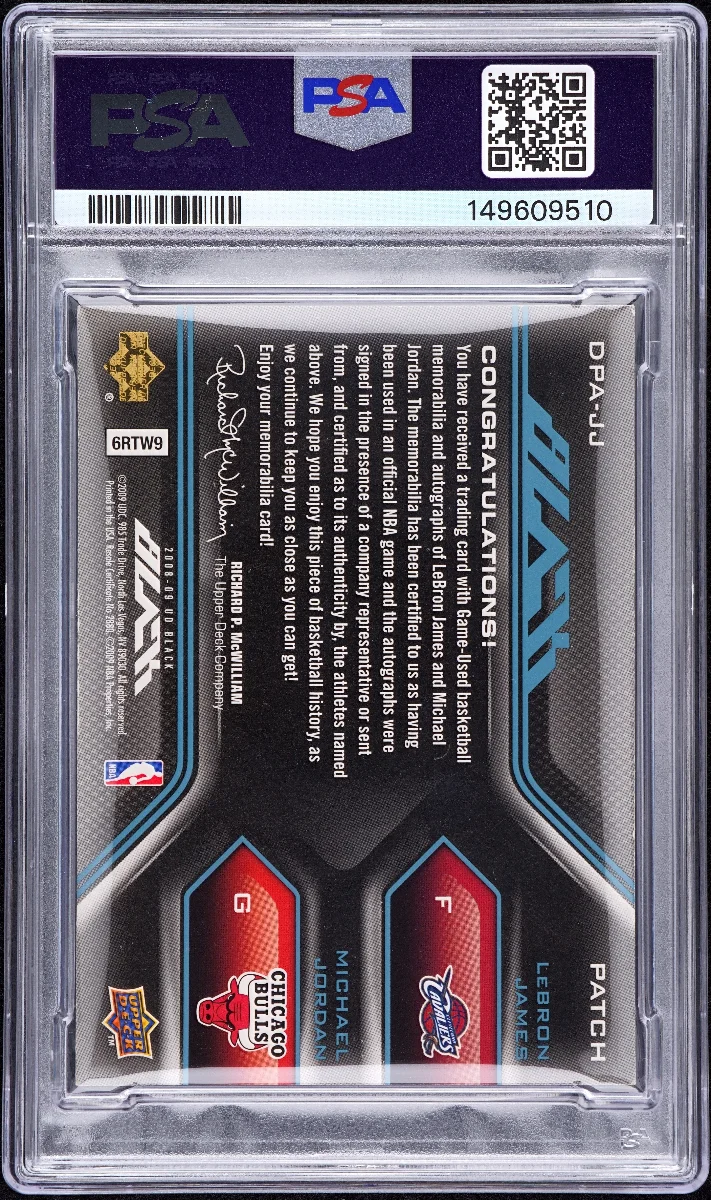 2008 UPPER DECK BLACK DUAL PATCH AUTOGRAPHS #DPAJJ L.JAMES/M.JORDAN DUAL PAT AUTO-WHITE 1/1 back