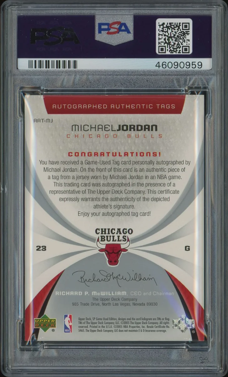 2005 SP GAME USED AUTHENTIC TAGS #ATMJ MICHAEL JORDAN AUTH.FBRC./TAG AUTO.1/1 back