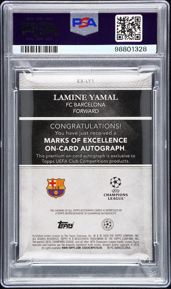 2023-24 TOPPS MERLIN UEFA CLUB COMPETITIONS MARKS OF EXCELLENCE AUTOGRAPHS #LY1 LAMINE YAMAL MKS/EXC OC AU-BLACK 1/1 back