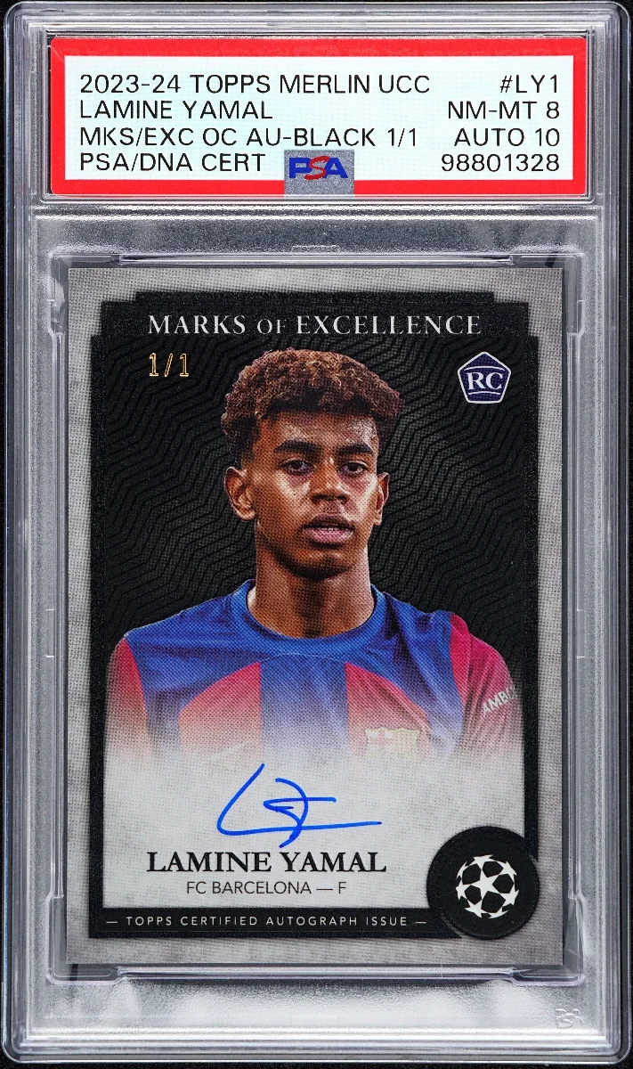 2023-24 TOPPS MERLIN UEFA CLUB COMPETITIONS MARKS OF EXCELLENCE AUTOGRAPHS #LY1 LAMINE YAMAL MKS/EXC OC AU-BLACK 1/1