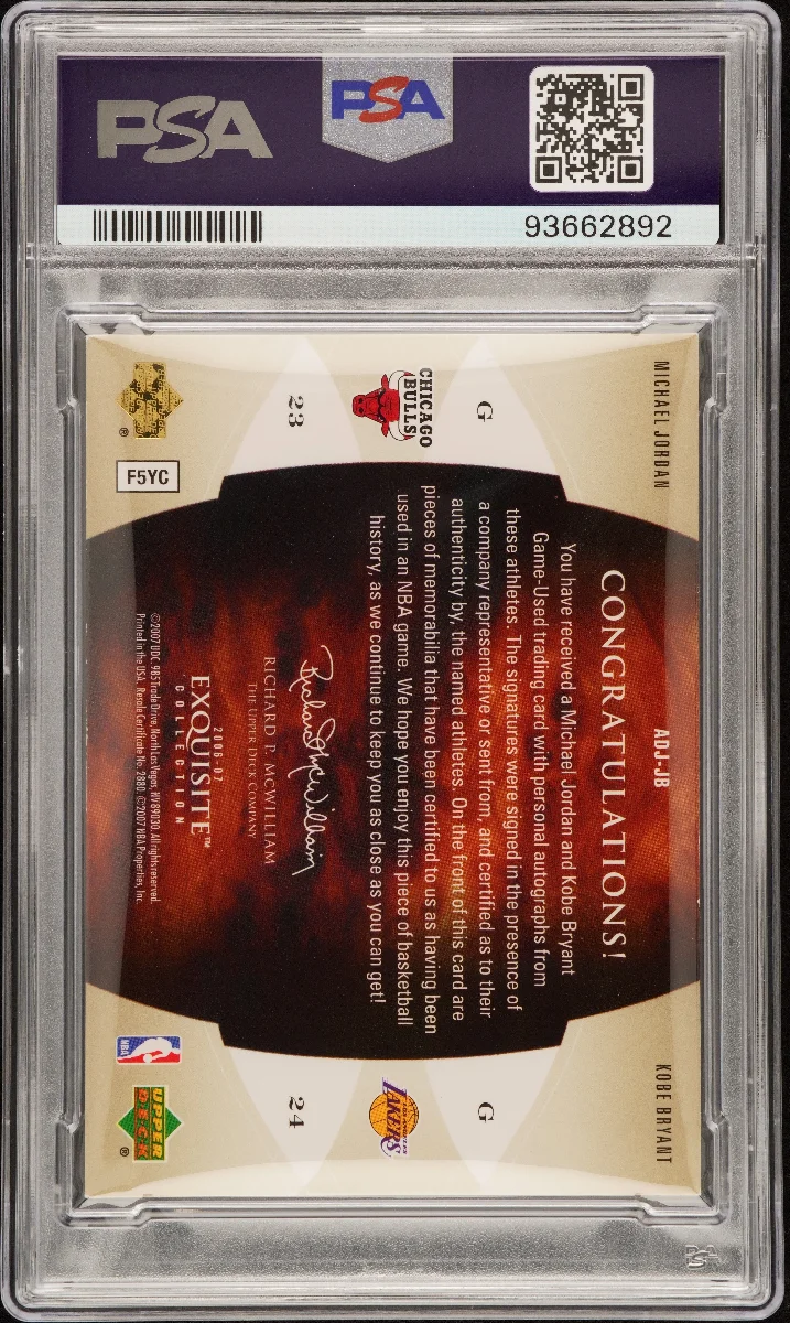 2006 UD EXQUISITE COLLECTION JERSEY DUAL AUTOGRAPHS #ADJJB M.JORDAN/K.BRYANT DUAL JERSEY-AUTOS back