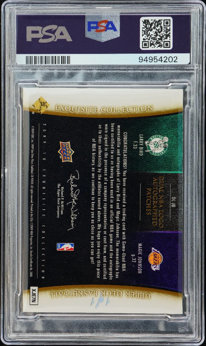 2009 UD EXQUISITE COLLECTION DUAL LOGOMAN PATCH AUTOGRAPH 1/1 #DL-JB L.BIRD/M.JOHNSON back