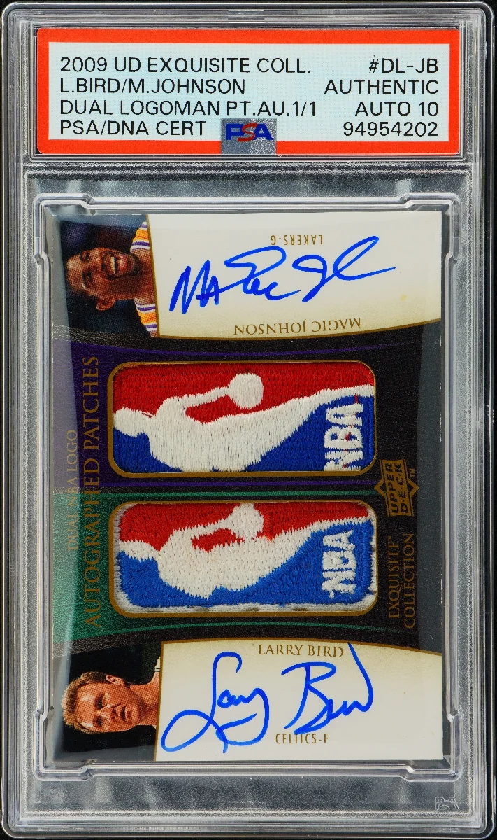 2009 UD EXQUISITE COLLECTION DUAL LOGOMAN PATCH AUTOGRAPH 1/1 #DL-JB L.BIRD/M.JOHNSON