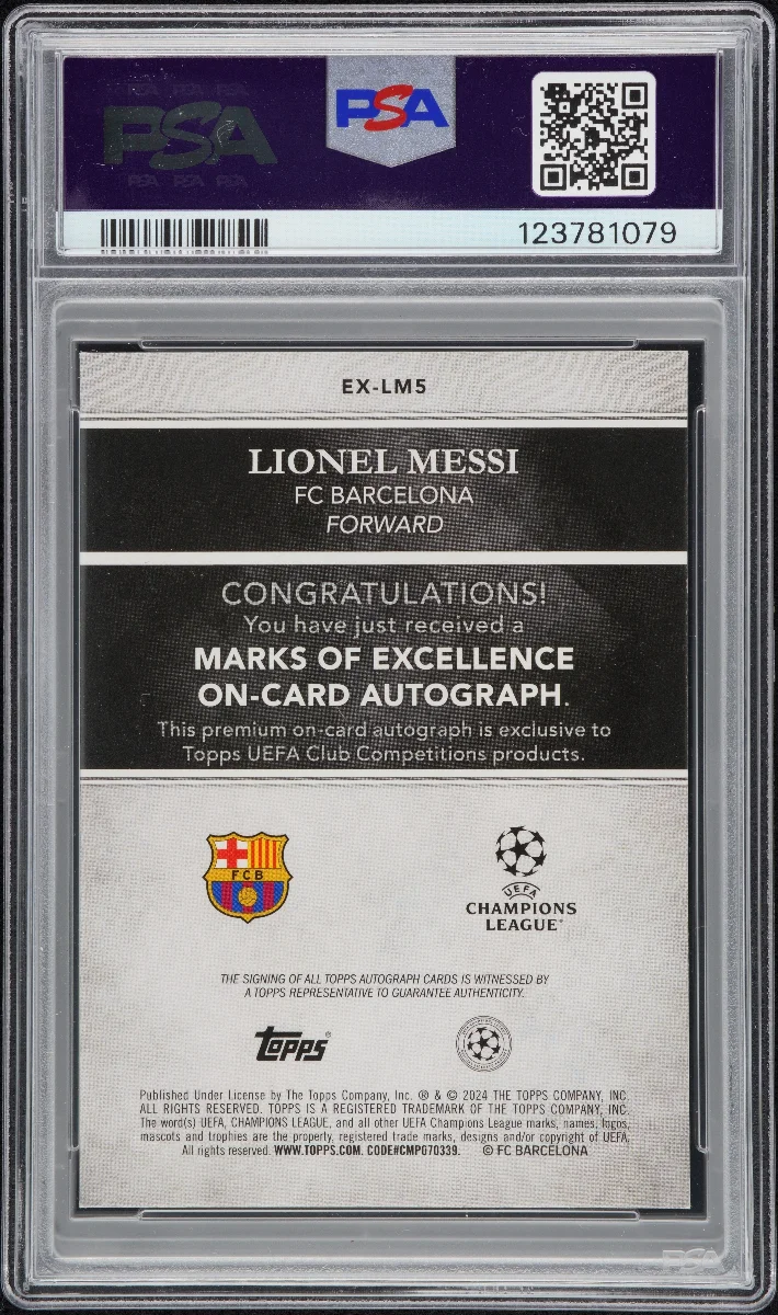 2024-25 TOPPS FINEST UEFA CLUB COMPETITIONS MARKS OF EXCELLENCE AUTOGRAPHS #EXLM5 LIONEL MESSI MARKS/EX AUTO-BLACK FOIL 1/1 back