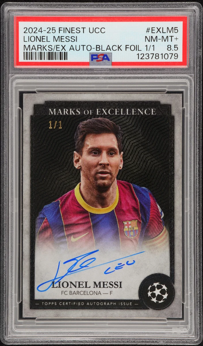 2024-25 TOPPS FINEST UEFA CLUB COMPETITIONS MARKS OF EXCELLENCE AUTOGRAPHS #EXLM5 LIONEL MESSI MARKS/EX AUTO-BLACK FOIL 1/1