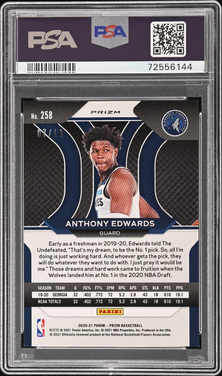 2020 PANINI PRIZM #258 ANTHONY EDWARDS GOLD PRIZM back