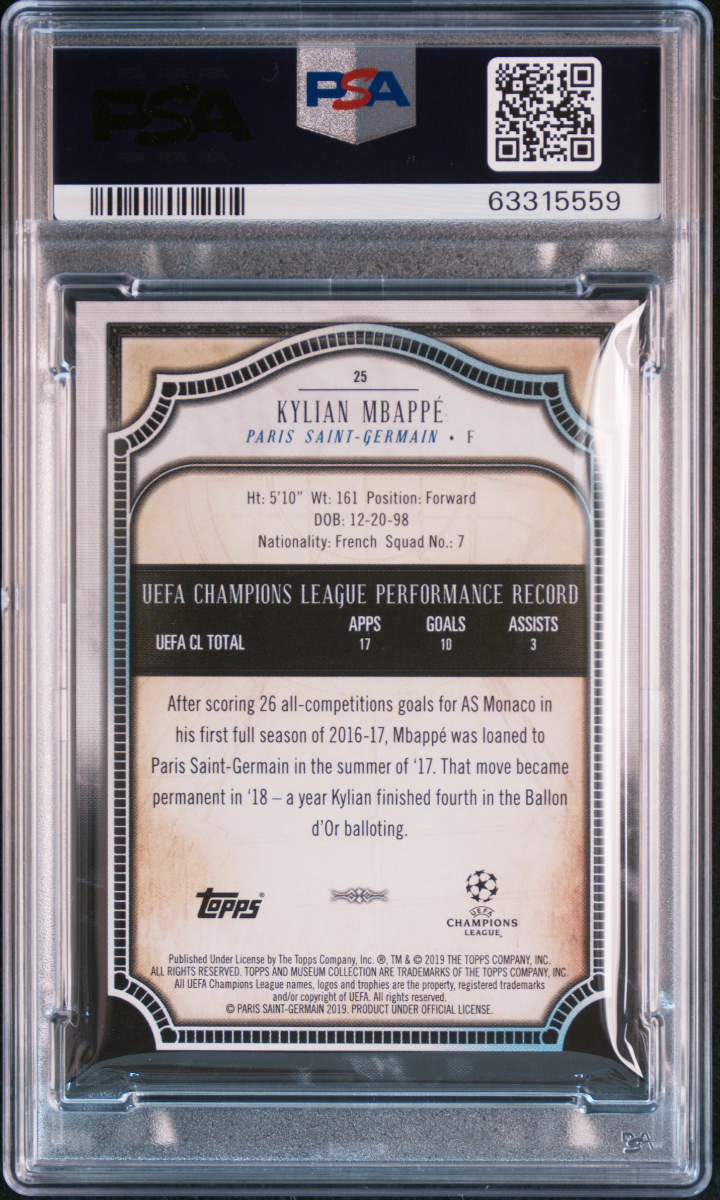Kylian Mbappe Topps Museum UCL 2018 Sapphire PSA 8 — back