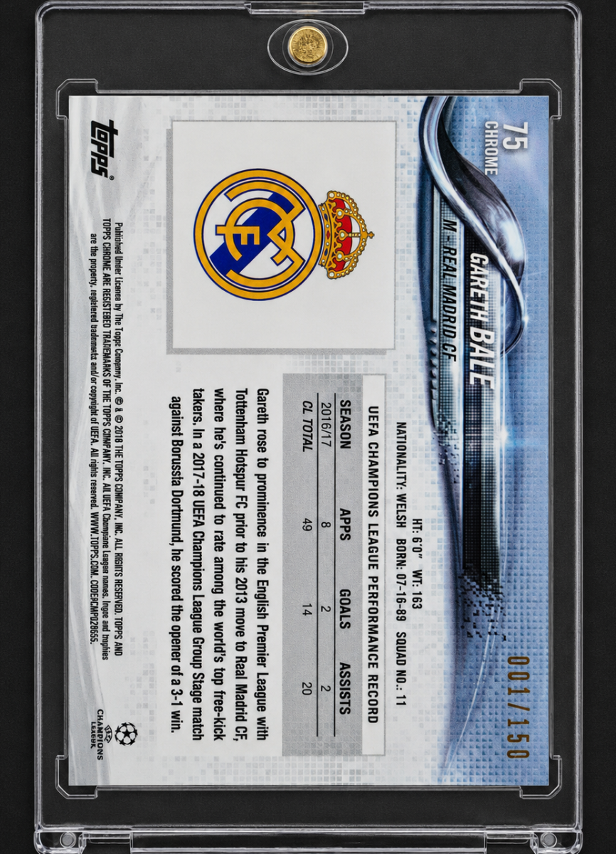 001/150 Gareth Bale Topps Chrome UCL 2017 Blue Refractor — back