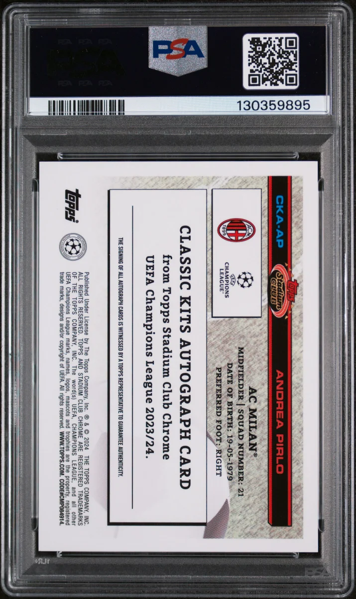 2023-24 TOPPS STADIUM CLUB CHROME UEFA CLUB COMPETITIONS CLASSIC KITS AUTOGRAPHS #CKAAP ANDREA PIRLO back