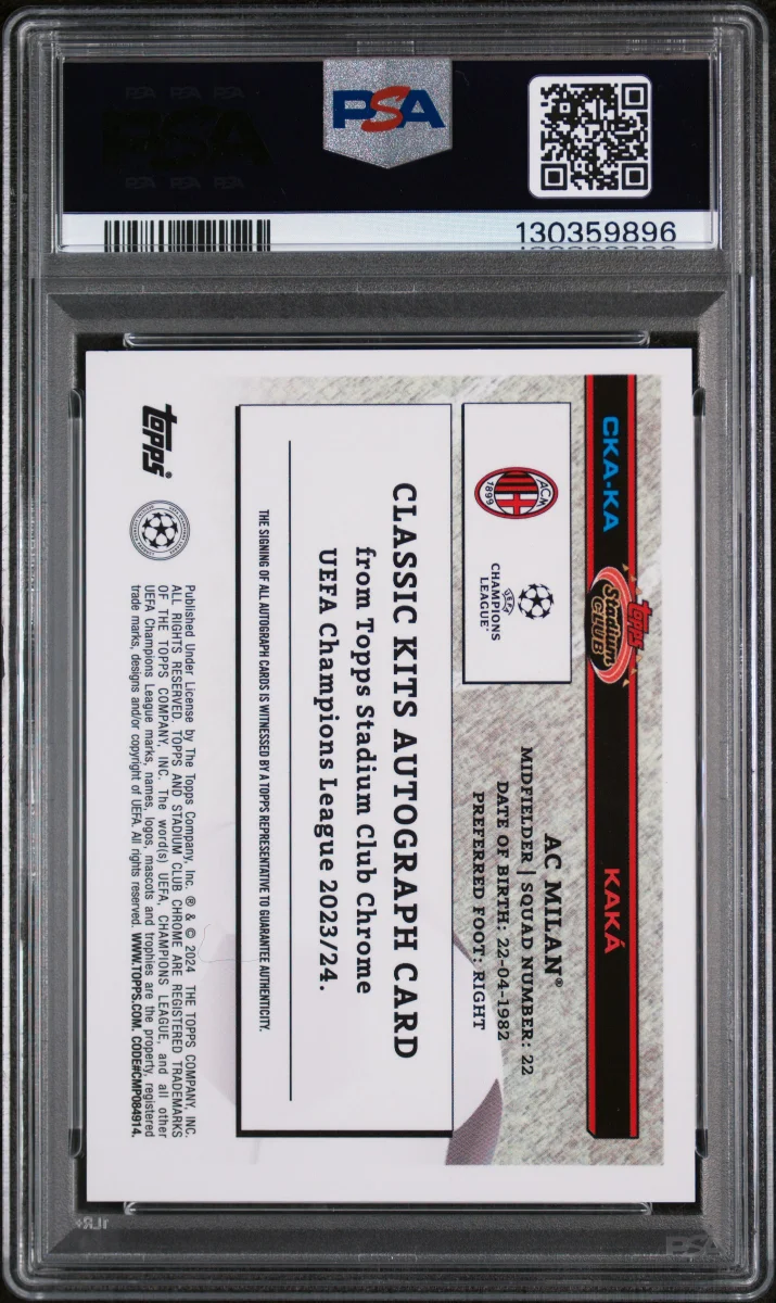 2023-24 TOPPS STADIUM CLUB CHROME UEFA CLUB COMPETITIONS CLASSIC KITS AUTOGRAPHS #CKAKA KAKA back