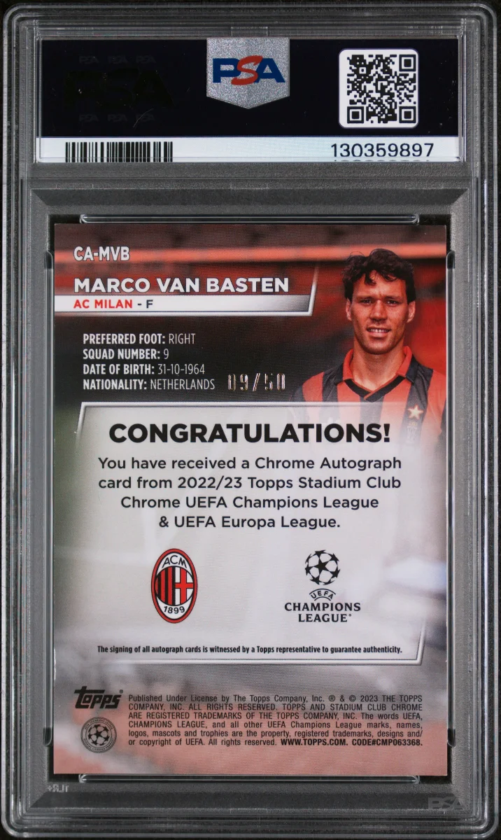 2022-23 TOPPS STADIUM CLUB CHROME UEFA CLUB COMPETITIONS CHROME AUTOGRAPHS #CAMVB MARCO VAN BASTEN CHROME AU-GOLD REF back