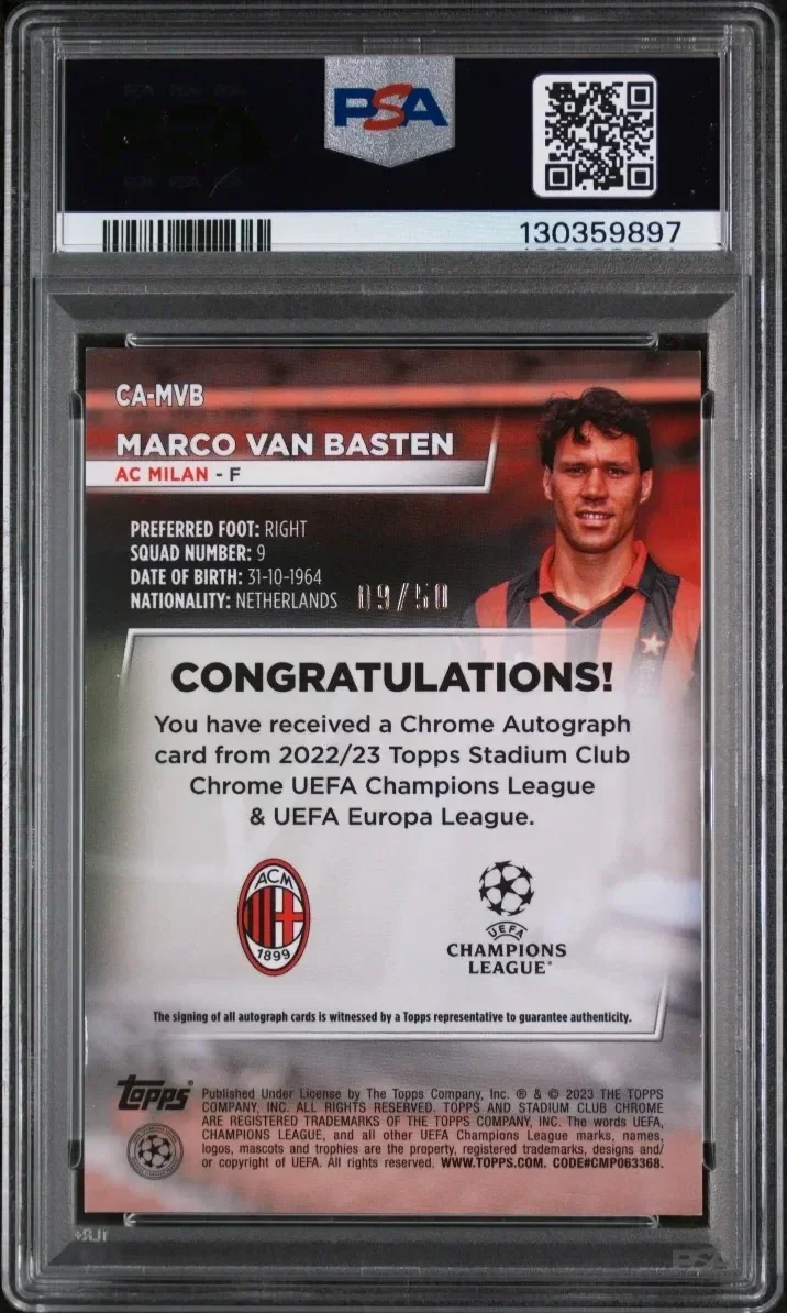 2022-23 TOPPS STADIUM CLUB CHROME UEFA CLUB COMPETITIONS CHROME AUTOGRAPHS #CAMVB MARCO VAN BASTEN CHROME AU-GOLD REF — back