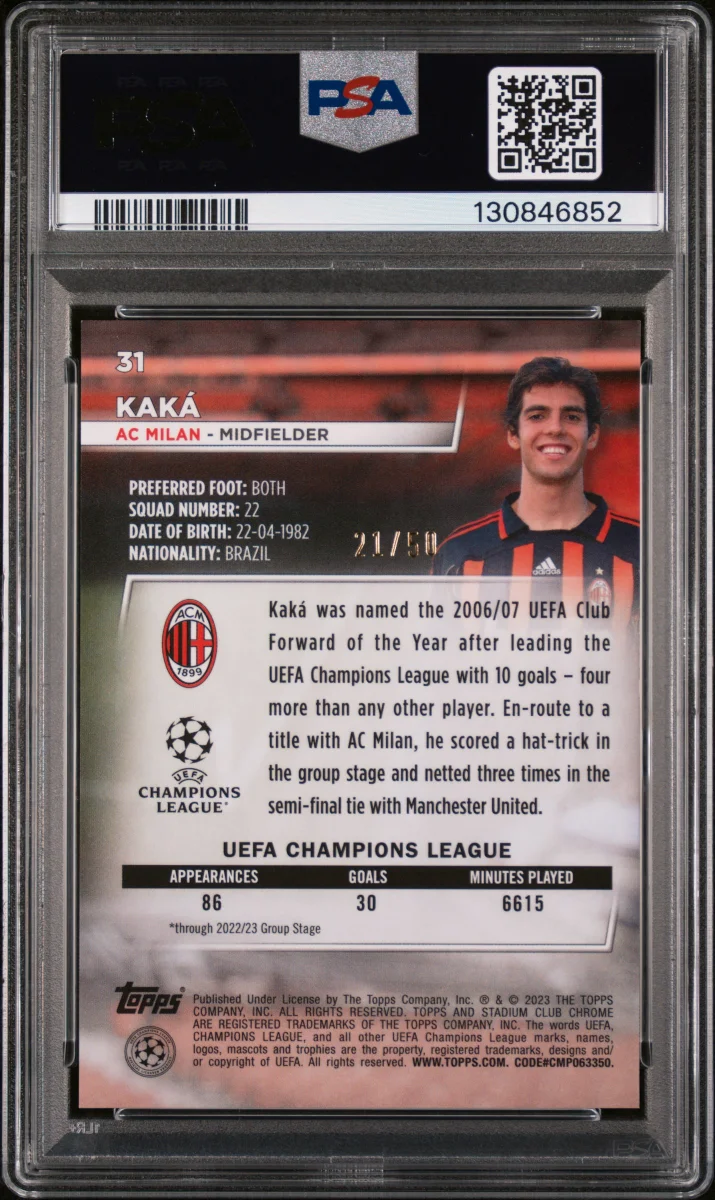 2022-23 TOPPS STADIUM CLUB CHROME UEFA CLUB COMPETITIONS #31 KAKA GOLD REFRACTOR back
