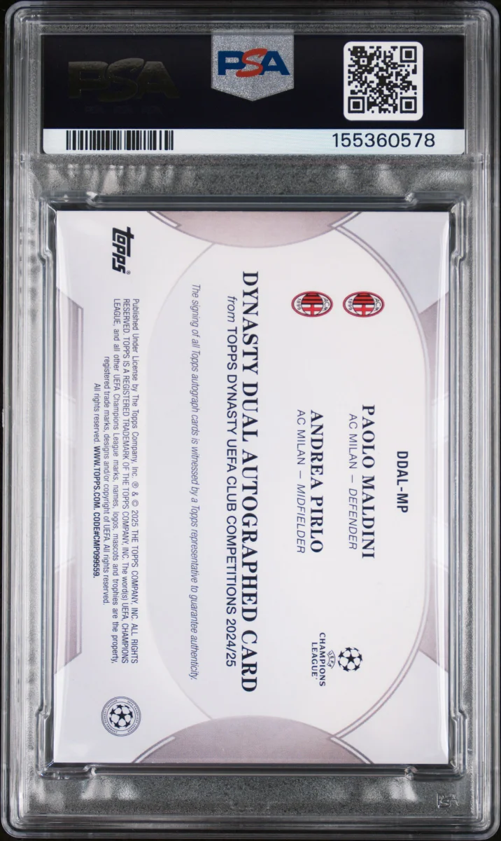 2024-2025 TOPPS DYNASTY UEFA CLUB COMPETITIONS DYNASTY DUAL AUTOGRAPHS #MP MALDINI/PIRLO DYNASTY DUAL AU-BLACK back