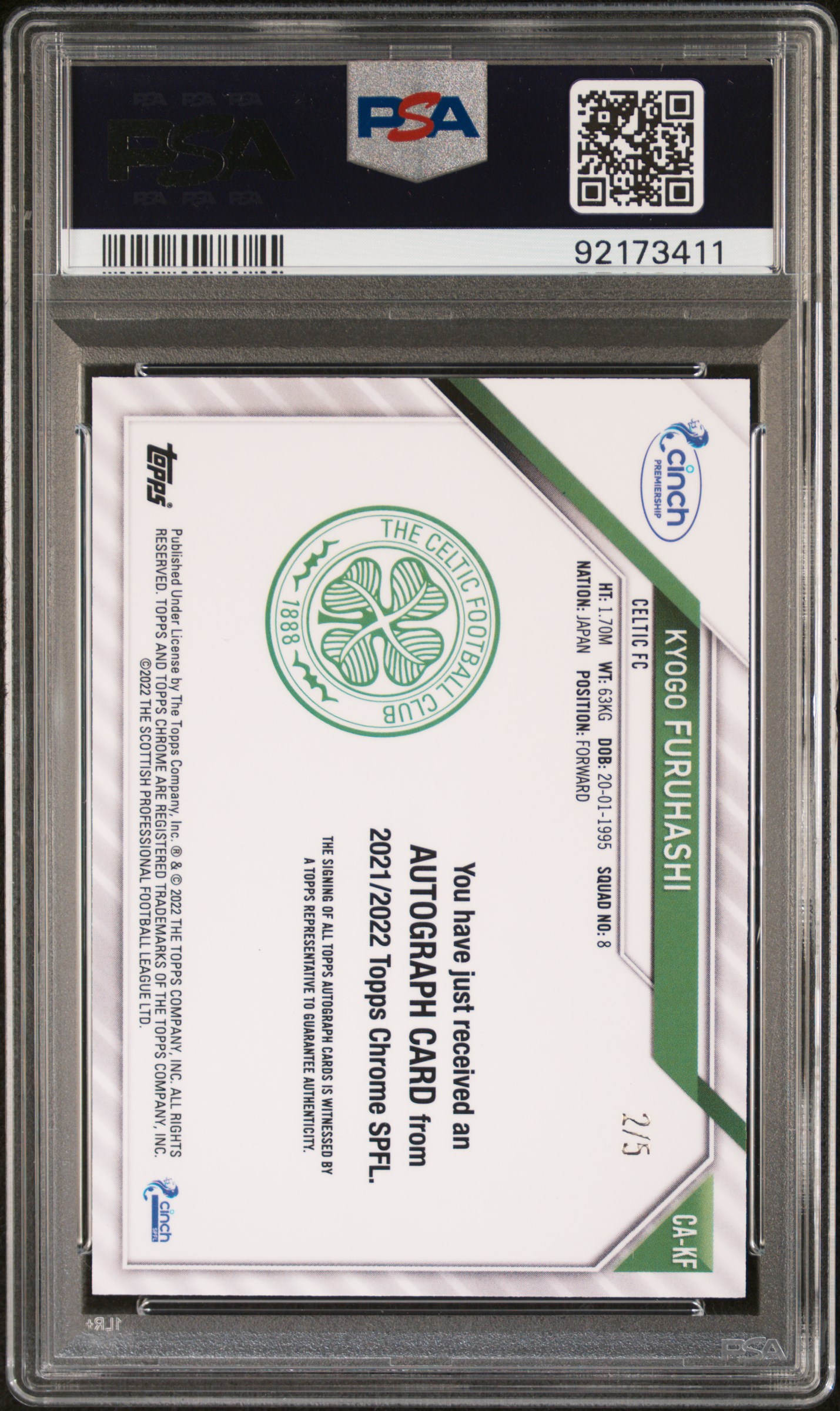 Kyogo Furuhashi 2021 SPFL Chrome Red /5 Autograph back