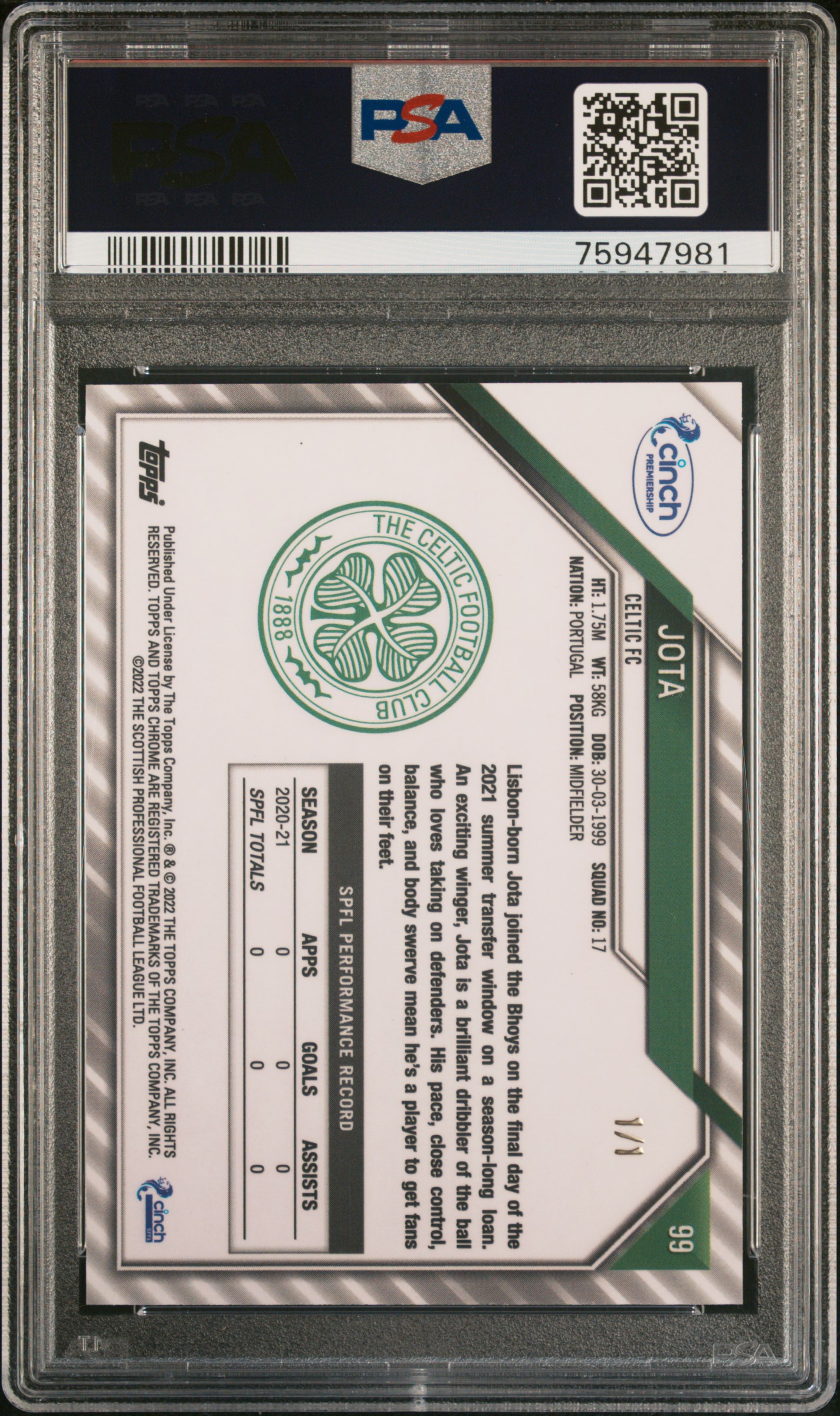 Jota 2021 SPFL Chrome Superfractor 1/1 back