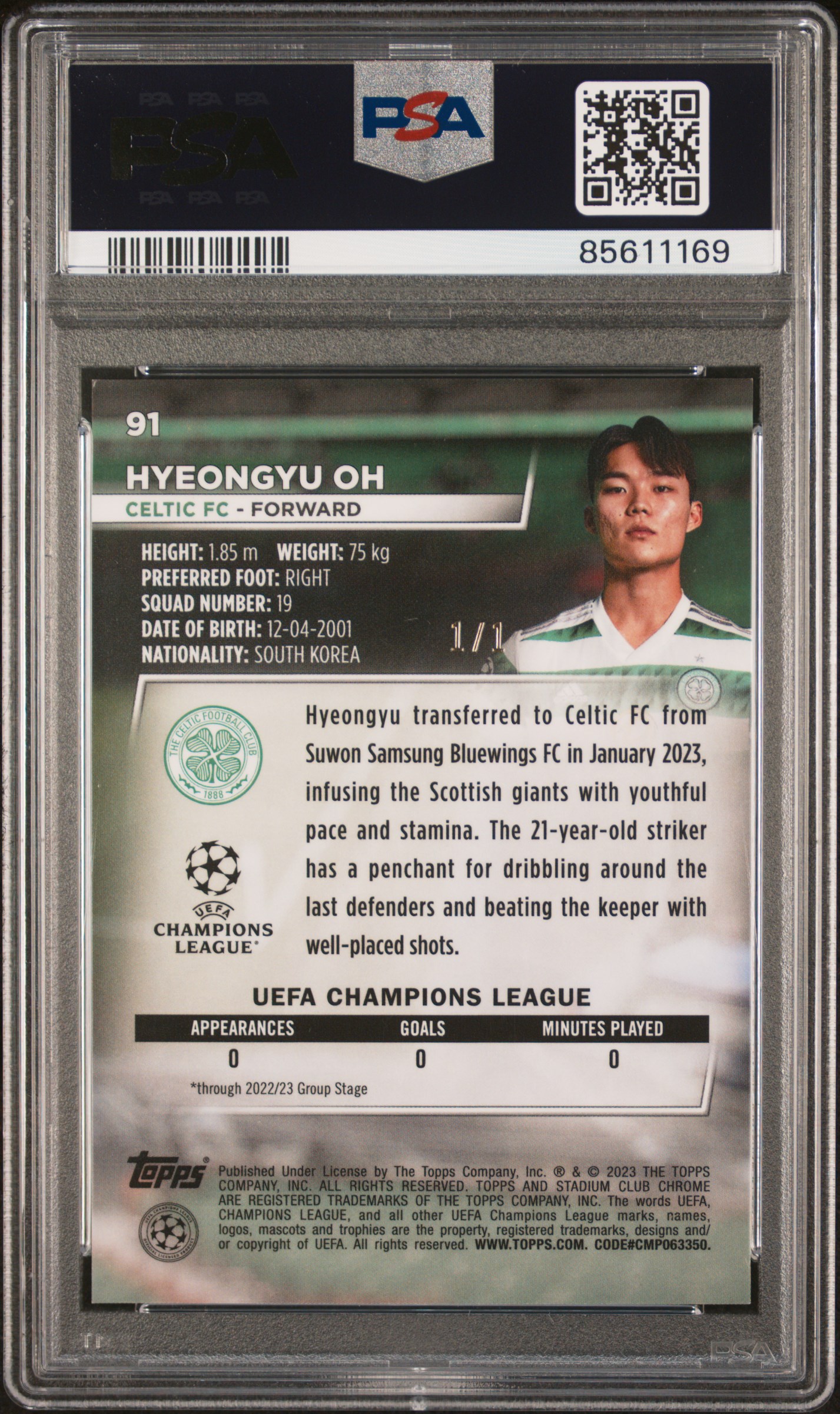 Hyeongyu Oh 2022-23 Stadium Club Chrome Superfractor 1/1 back