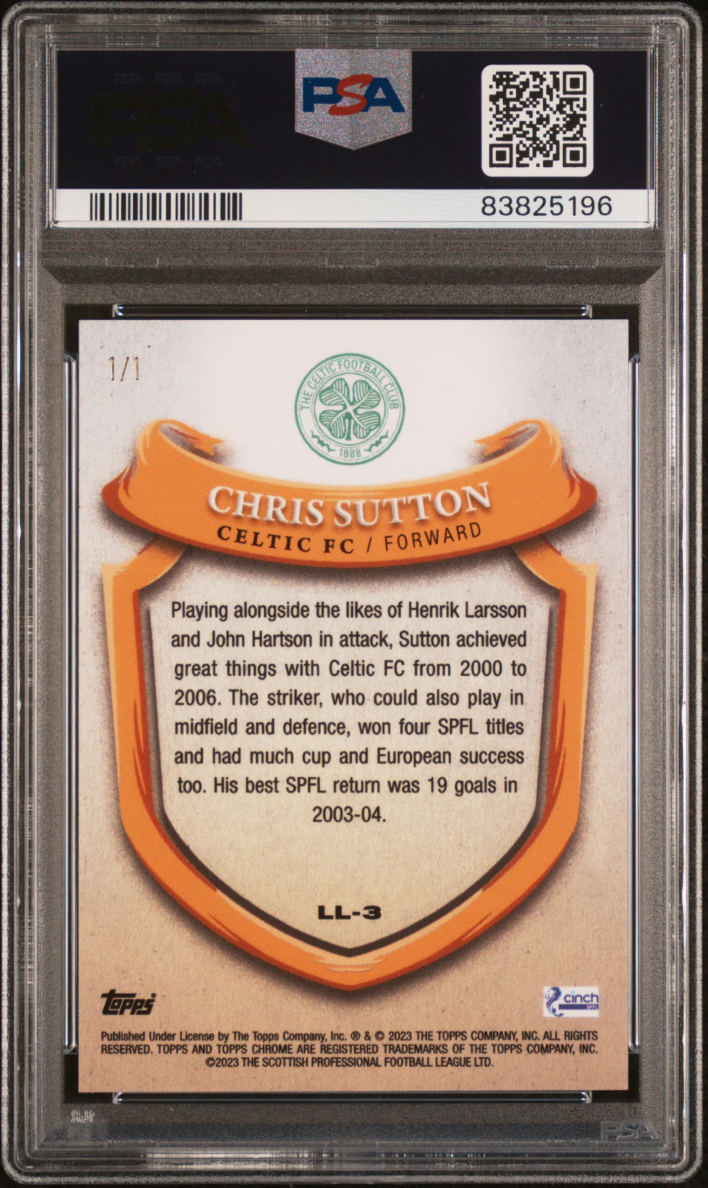 Chris Sutton 2022-23 SPFL Chrome League Legends Superfractor 1/1 back