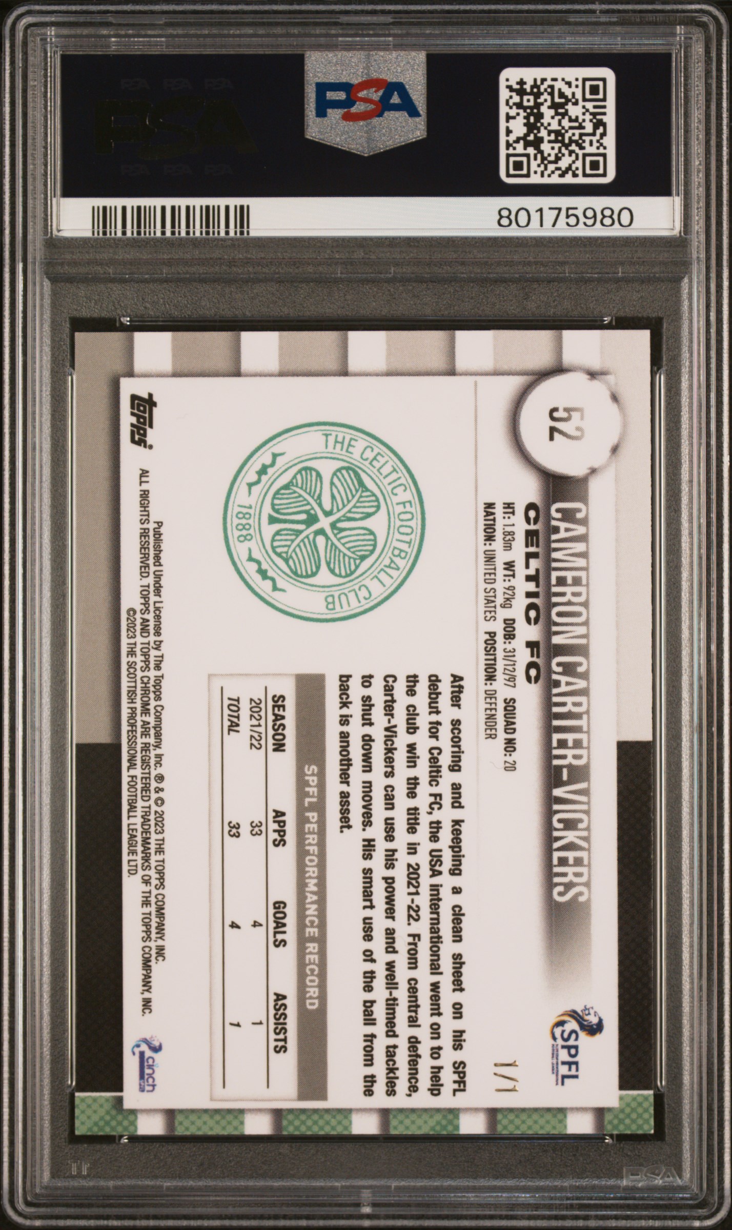 Cameron Carter Vickers 2022-23 SPFL Chrome Superfractor 1/1 back