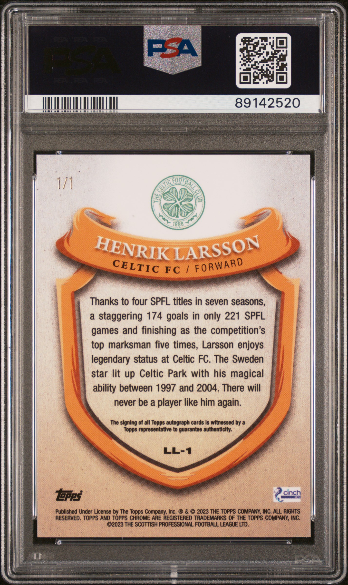Henrik Larsson 2022-23 SPFL Chrome League Legends Superfractor 1/1 Auto back