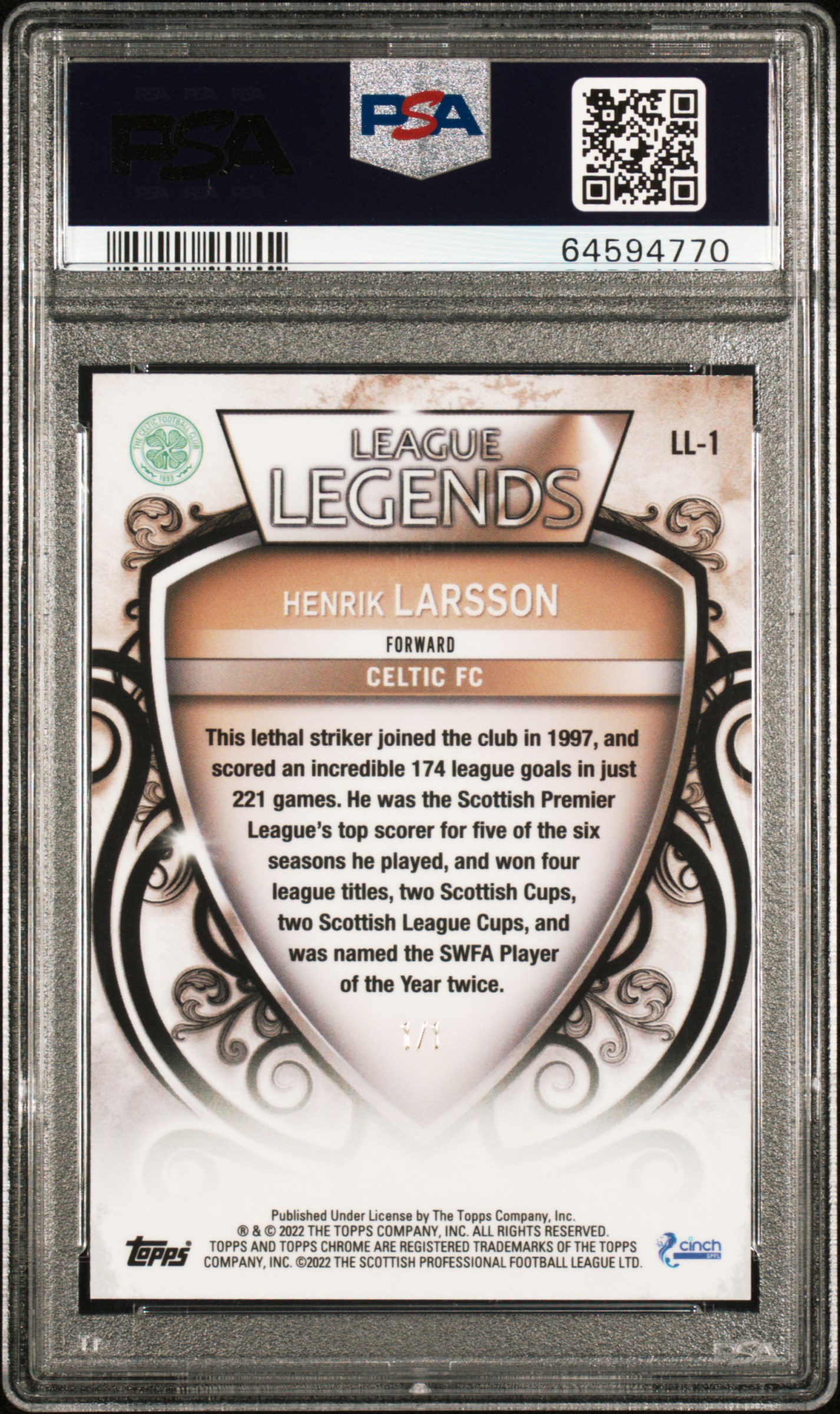 Henrik Larsson 2021 Topps Chrome SPFL League Legends Superfractor 1/1 back