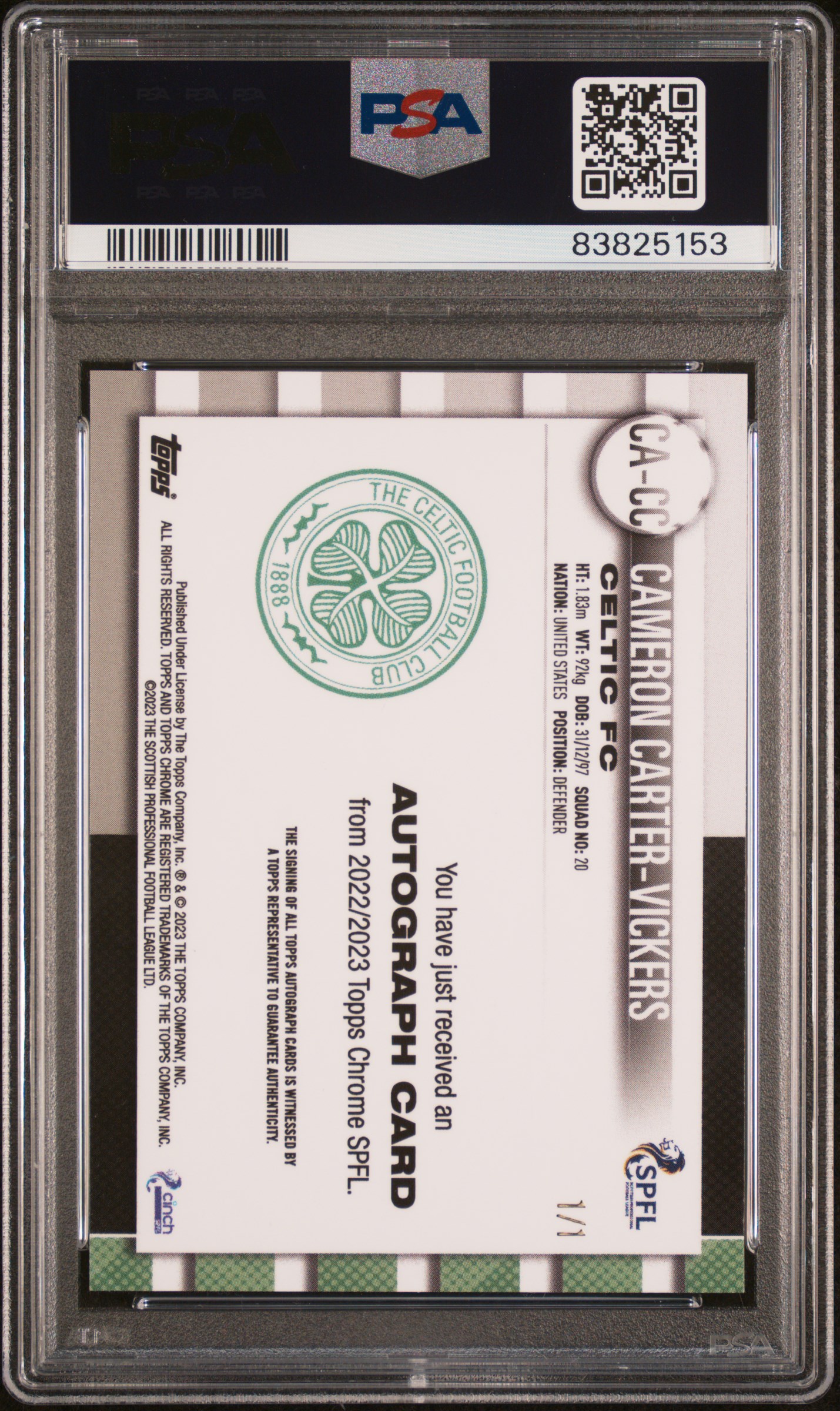 Cameron Carter Vickers 2022-23 SPFL Chrome Superfractor 1/1 Auto back