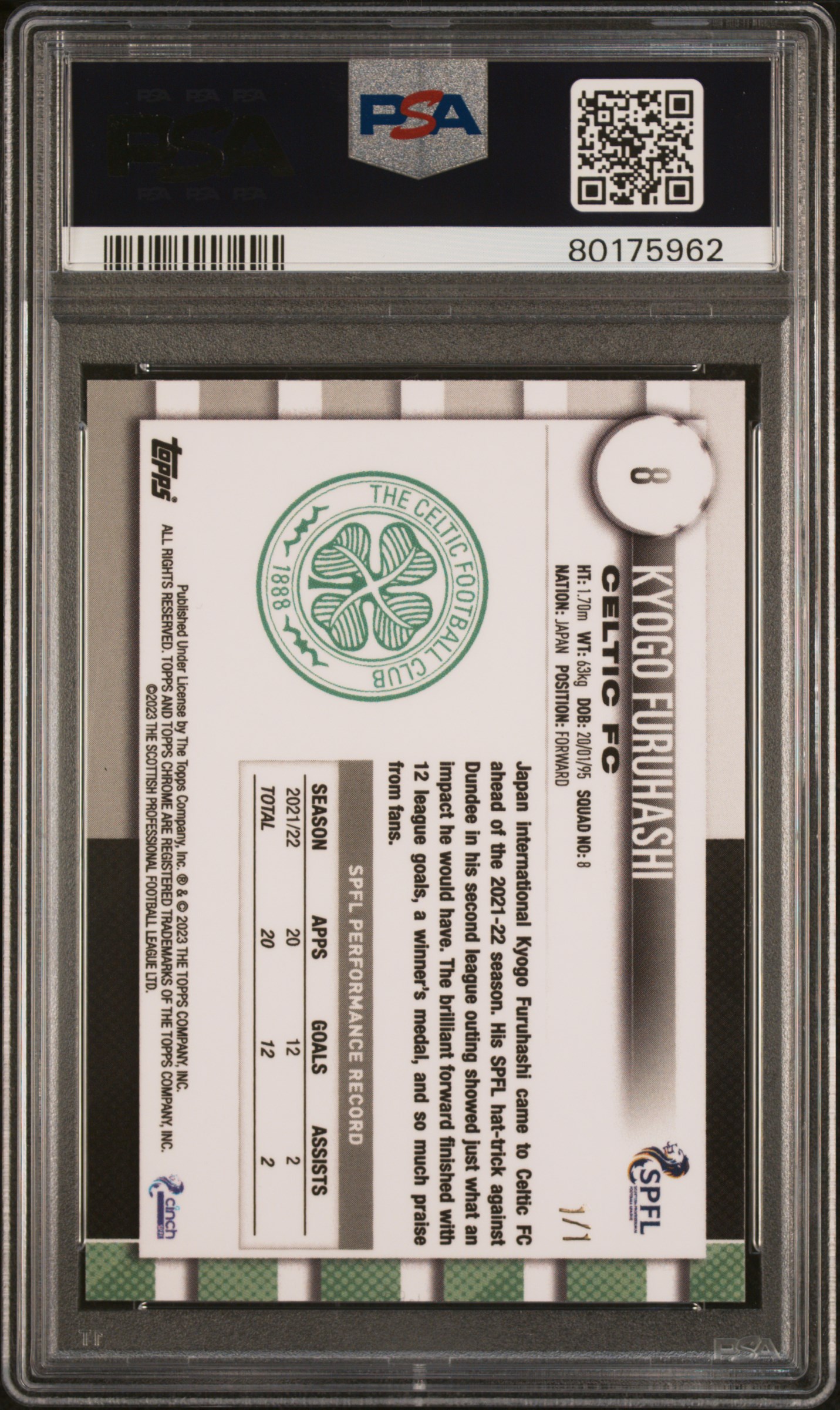 Kyogo Furuhashi 2022-23 SPFL Chrome Superfractor 1/1 back