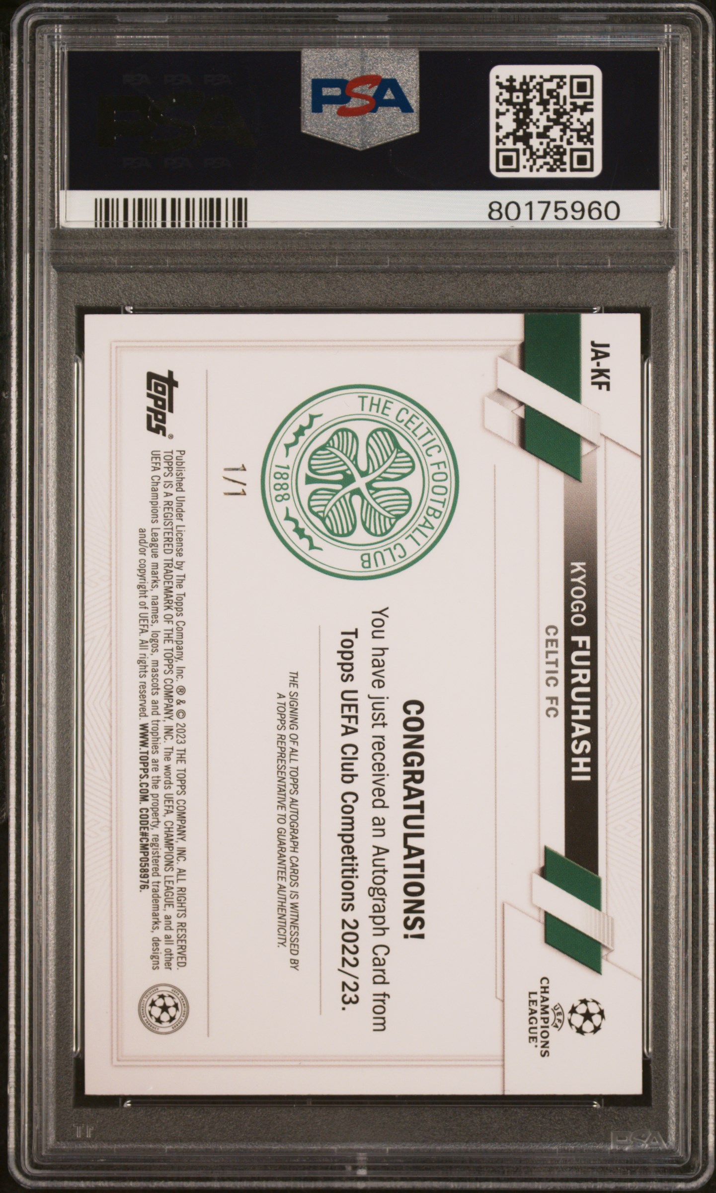 Kyogo Furuhashi 2022-23 UCC Jade Imperial Foilfractor 1/1 Auto back